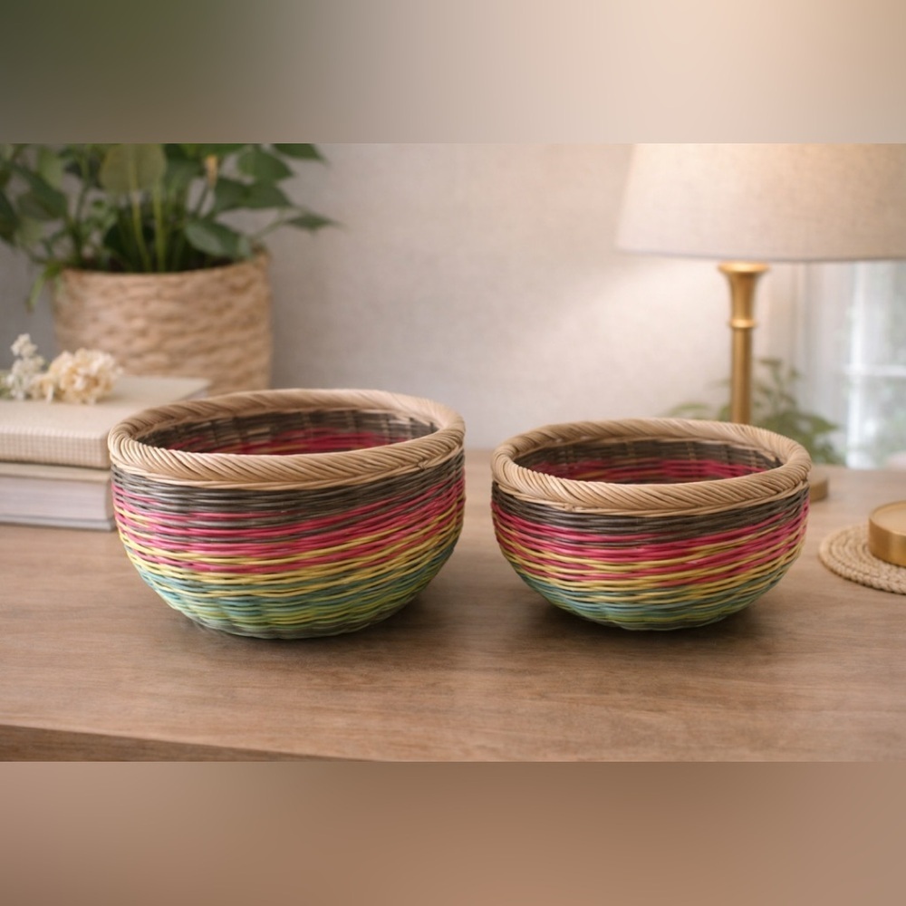 Handwoven Colorful Wicker Baskets – Set of 2 Round Bowls, Boho Home Décor